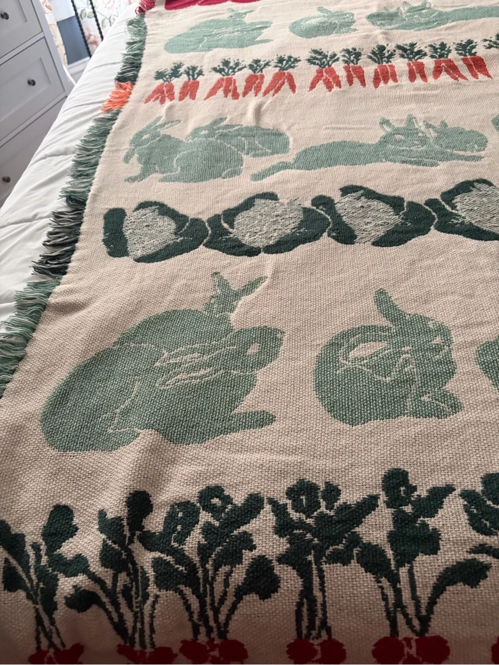 Rabbit & vegetable Cotton fringe edge Throw Blanket in Mint and Coral